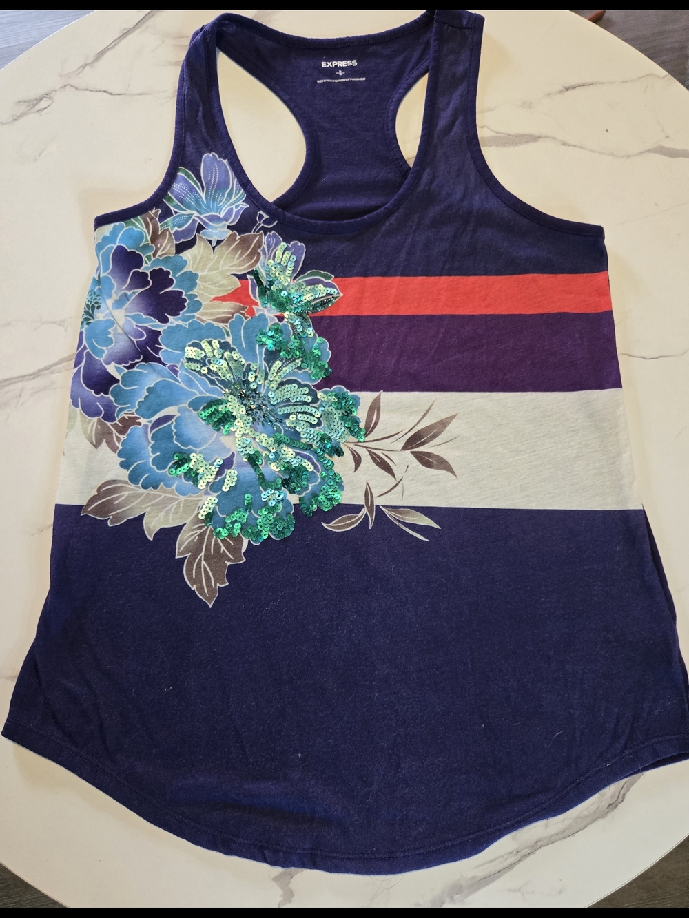 Express Navy Floral Sequin Racerback Tank with Red Stripe